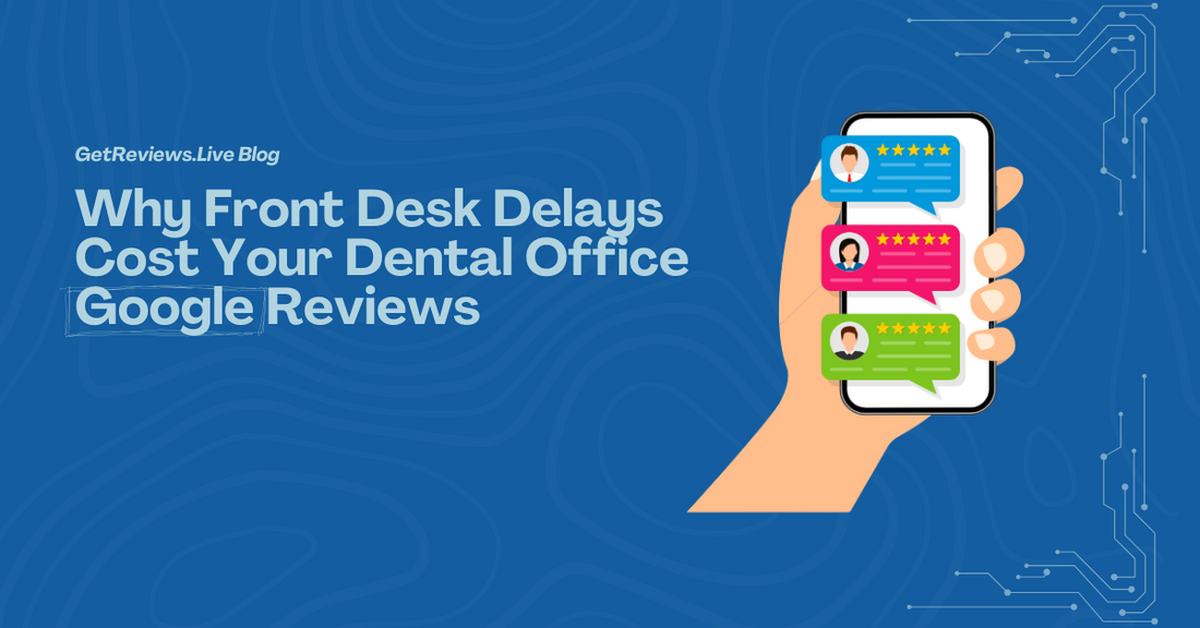 Illustration of a hand holding a phone showing star-rated reviews, used in a GetReviews.Live blog about Why Front Desk Delays Cost Your Dental Office Google Reviews