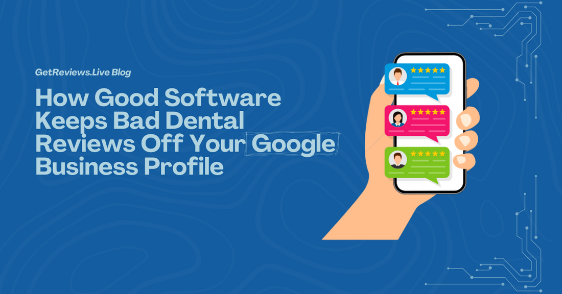 Illustration of a hand holding a phone showing star-rated reviews, used in a GetReviews.Live blog about How Good Software Keeps Bad Dental Reviews Off Your Google Business Profile