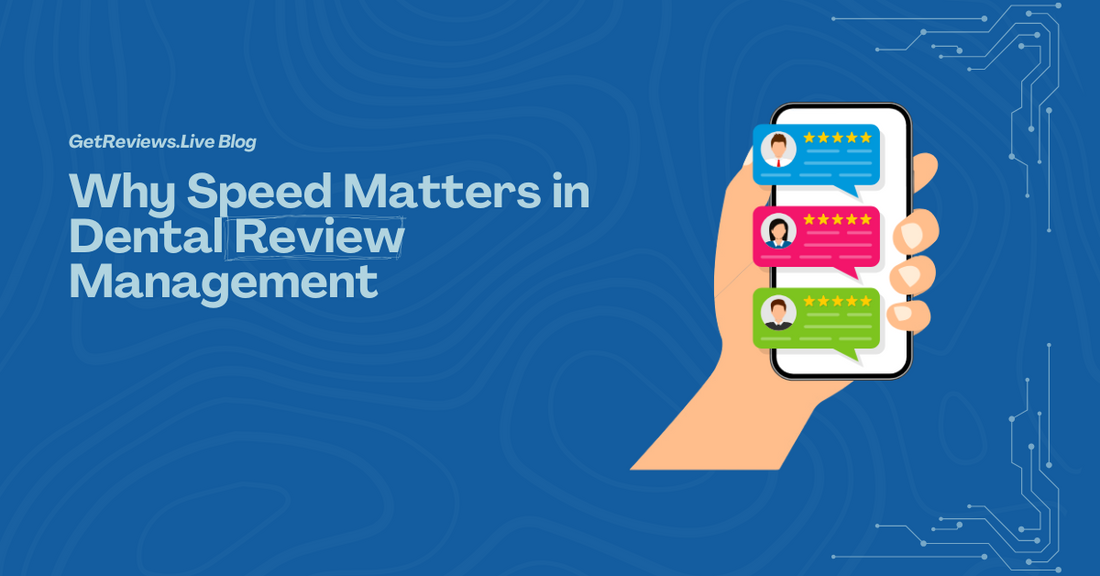 Illustration of a hand holding a phone showing star-rated reviews, used in a GetReviews.Live blog about Why Speed Matters in Dental Review Management
