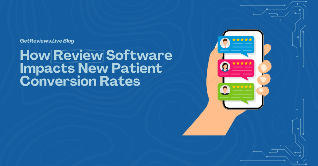 Illustration of a hand holding a phone showing star-rated reviews, used in a GetReviews.Live blog about How Review Software Impacts New Patient Conversion Rates
