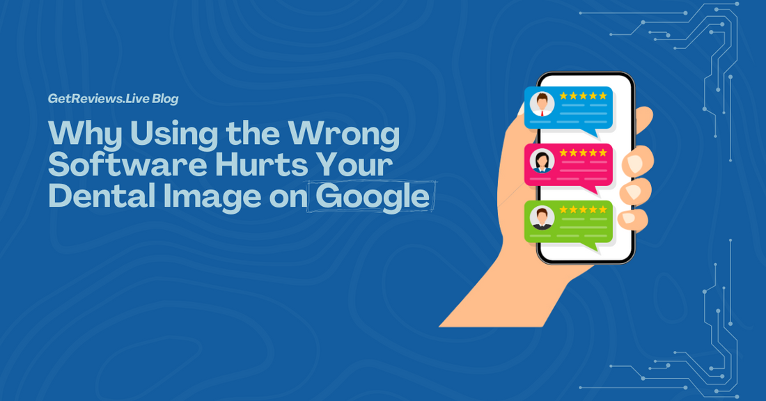 Illustration of a hand holding a phone showing star-rated reviews, used in a GetReviews.Live blog about Why Using the Wrong Software Hurts Your Dental Image on Google