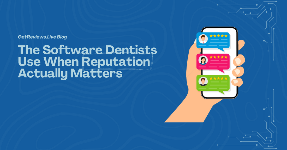 Illustration of a hand holding a phone showing star-rated reviews, used in a GetReviews.Live blog about The Software Dentists Use When Reputation Actually Matters
