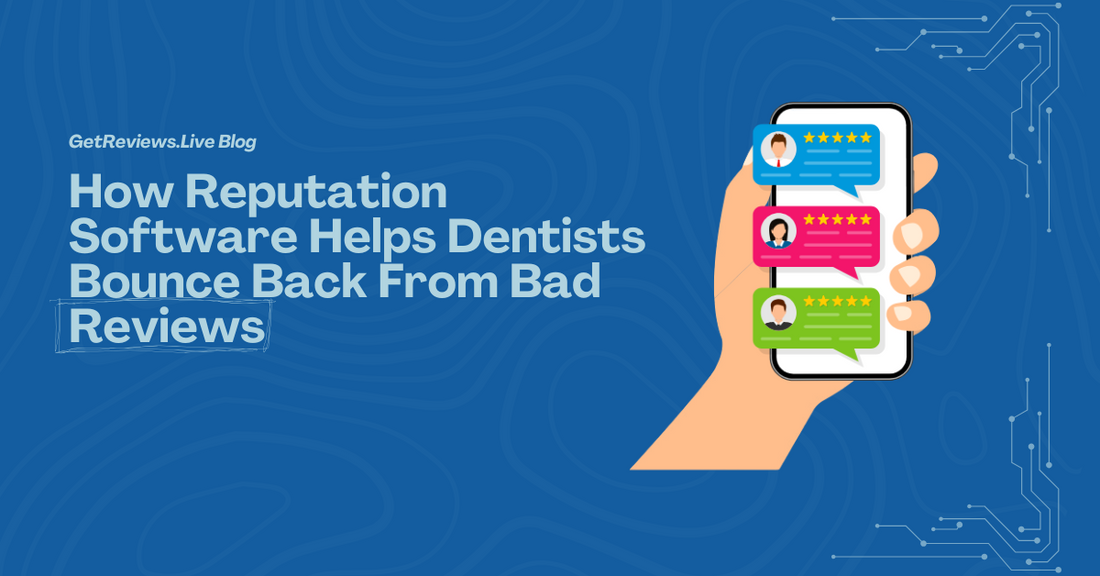 Illustration of a hand holding a phone showing star-rated reviews, used in a GetReviews.Live blog about How Reputation Software Helps Dentists Bounce Back From Bad Reviews
