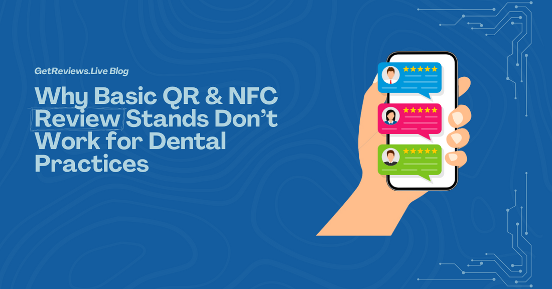 Illustration of a hand holding a phone showing star-rated reviews, used in a GetReviews.Live blog about Why Basic QR & NFC Review Stands Don’t Work for Dental Practices