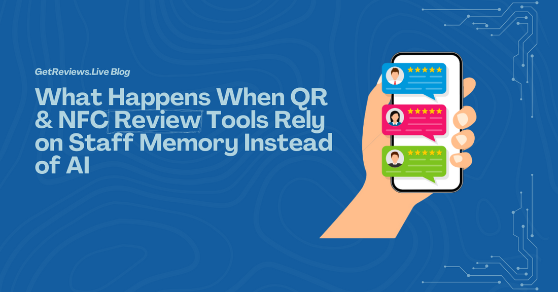 Illustration of a hand holding a phone showing star-rated reviews, used in a GetReviews.Live blog about What Happens When QR & NFC Review Tools Rely on Staff Memory Instead of AI