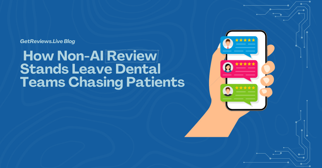 Illustration of a hand holding a phone showing star-rated reviews, used in a GetReviews.Live blog about  How Non-AI Review Stands Leave Dental Teams Chasing Patients