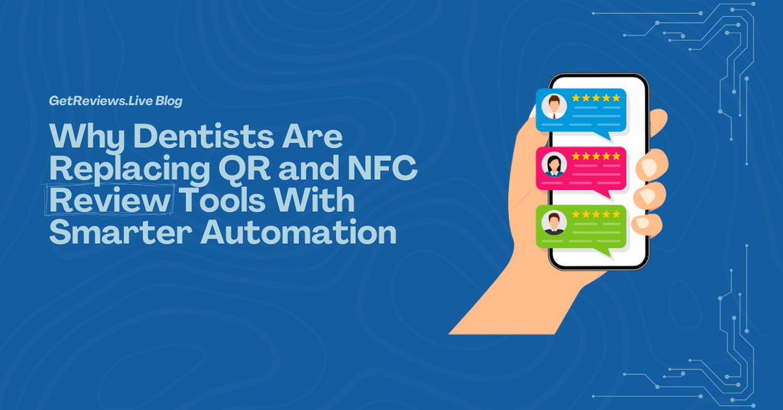 Illustration of a hand holding a phone showing star-rated reviews, used in a GetReviews.Live blog about Why Dentists Are Replacing QR Review Tools With Real Automation