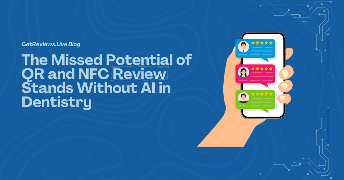 Illustration of a hand holding a phone showing star-rated reviews, used in a GetReviews.Live blog about The Missed Potential of QR and NFC Review Stands Without AI in Dentistry