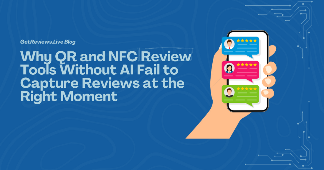Illustration of a hand holding a phone showing star-rated reviews, used in a GetReviews.Live blog about Why QR and NFC Review Tools Without AI Fail to Capture Reviews at the Right Moment