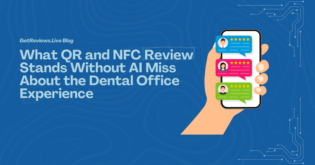 Illustration of a hand holding a phone showing star-rated reviews, used in a GetReviews.Live blog about What QR and NFC Review Stands Without AI Miss About the Dental Office Experience