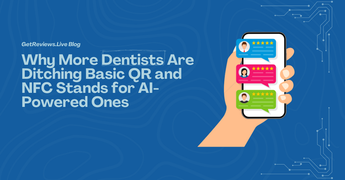 Illustration of a hand holding a phone showing star-rated reviews, used in a GetReviews.Live blog about What Basic Review Stands Can’t Do for Multi-Op Dental Offices