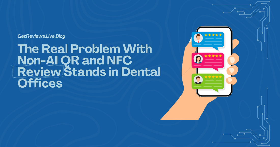Illustration of a hand holding a phone showing star-rated reviews, used in a GetReviews.Live blog about The Real Problem With Non-AI QR and NFC Review Stands in Dental Offices