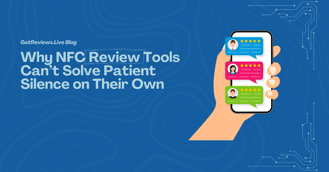 Illustration of a hand holding a phone showing star-rated reviews, used in a GetReviews.Live blog about Why NFC Review Tools Can’t Solve Patient Silence on Their Own