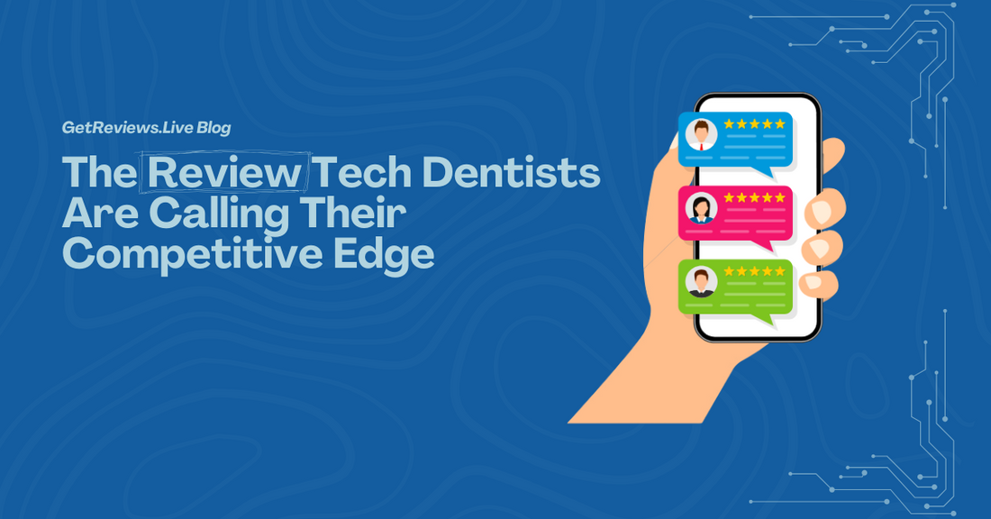Illustration of a hand holding a phone showing star-rated reviews, used in a GetReviews.Live blog about The Review Tech Dentists Are Calling Their Competitive Edge