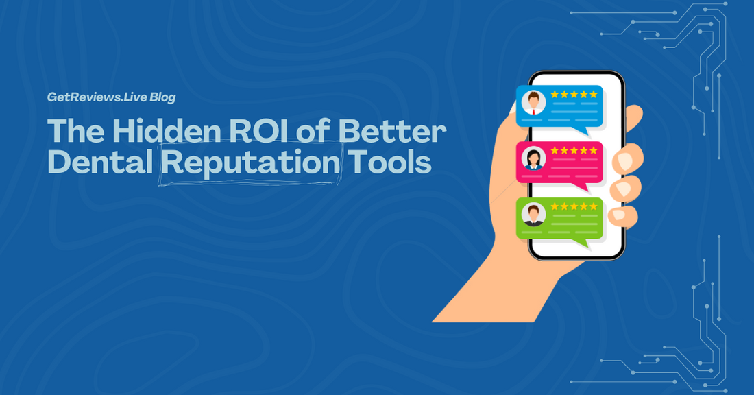 Illustration of a hand holding a phone showing star-rated reviews, used in a GetReviews.Live blog about The Hidden ROI of Better Dental Reputation Tools