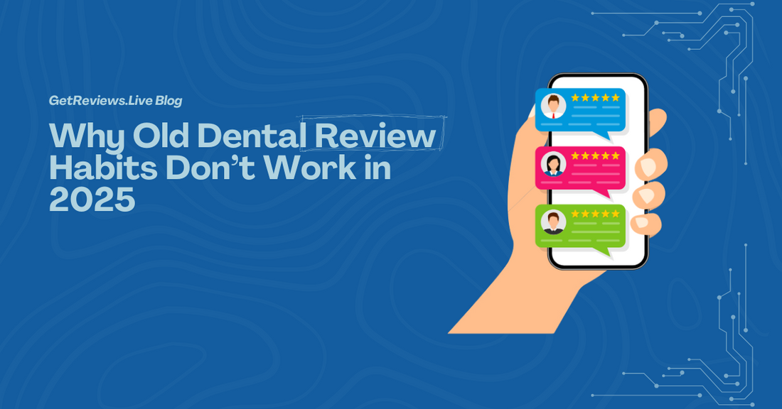 Illustration of a hand holding a phone showing star-rated reviews, used in a GetReviews.Live blog about Why Old Dental Review Habits Don’t Work in 2025