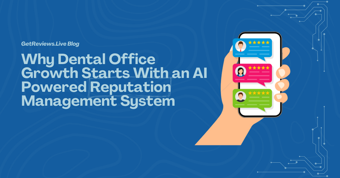 Illustration of a hand holding a phone showing star-rated reviews, used in a GetReviews.Live blog about Why Dental Office Growth Starts With an AI Powered Reputation Management System