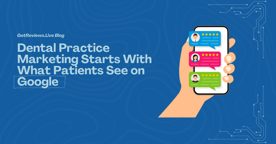 Illustration of a hand holding a phone showing star-rated reviews, used in a GetReviews.Live blog about 3. Dental Practice Marketing Starts With What Patients See on Google