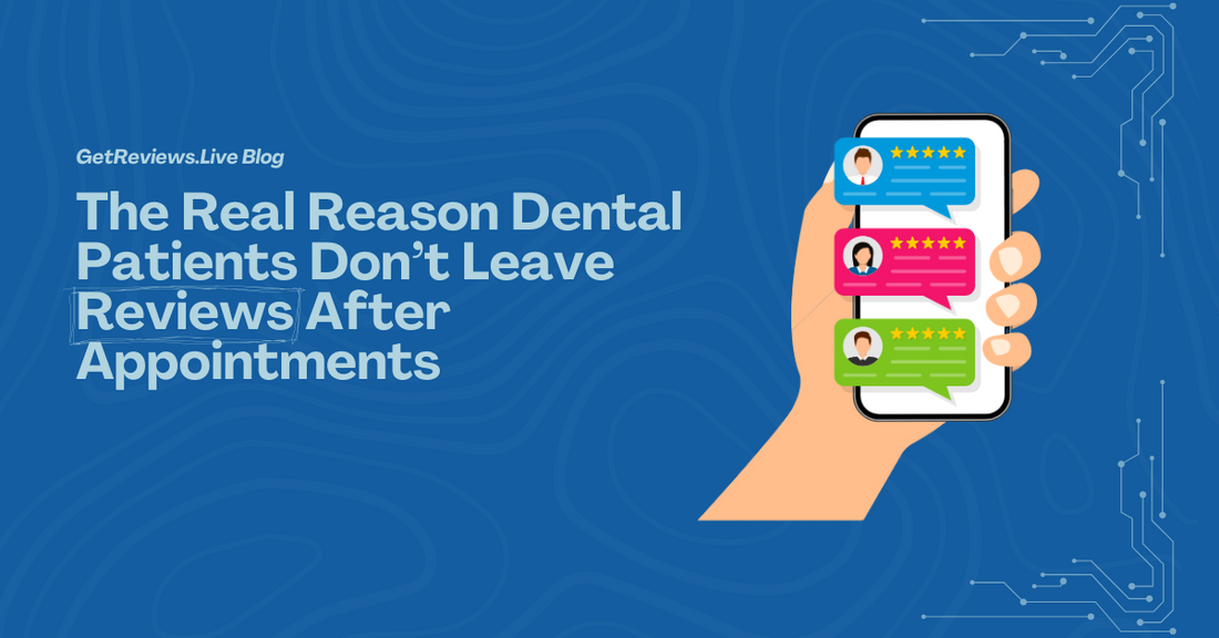 Illustration of a hand holding a phone showing star-rated reviews, used in a GetReviews.Live blog about The Real Reason Dental Patients Don’t Leave Reviews After Appointments