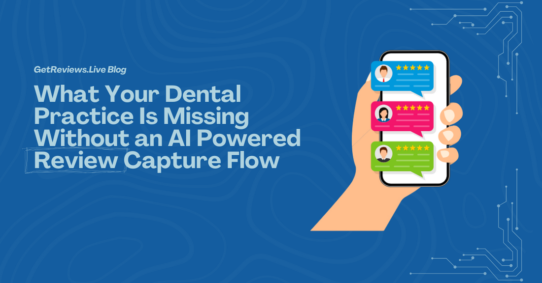 Illustration of a hand holding a phone showing star-rated reviews, used in a GetReviews.Live blog about What Your Dental Practice Is Missing Without an AI Powered Review Capture Flow