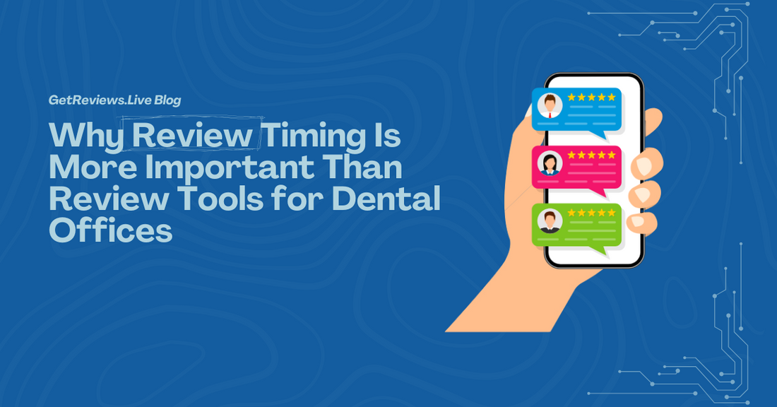 Illustration of a hand holding a phone showing star-rated reviews, used in a GetReviews.Live blog about Why Review Timing Is More Important Than Review Tools for Dental Offices