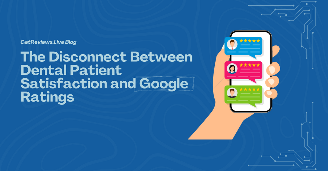 Illustration of a hand holding a phone showing star-rated reviews, used in a GetReviews.Live blog about The Disconnect Between Dental Patient Satisfaction and Google Ratings