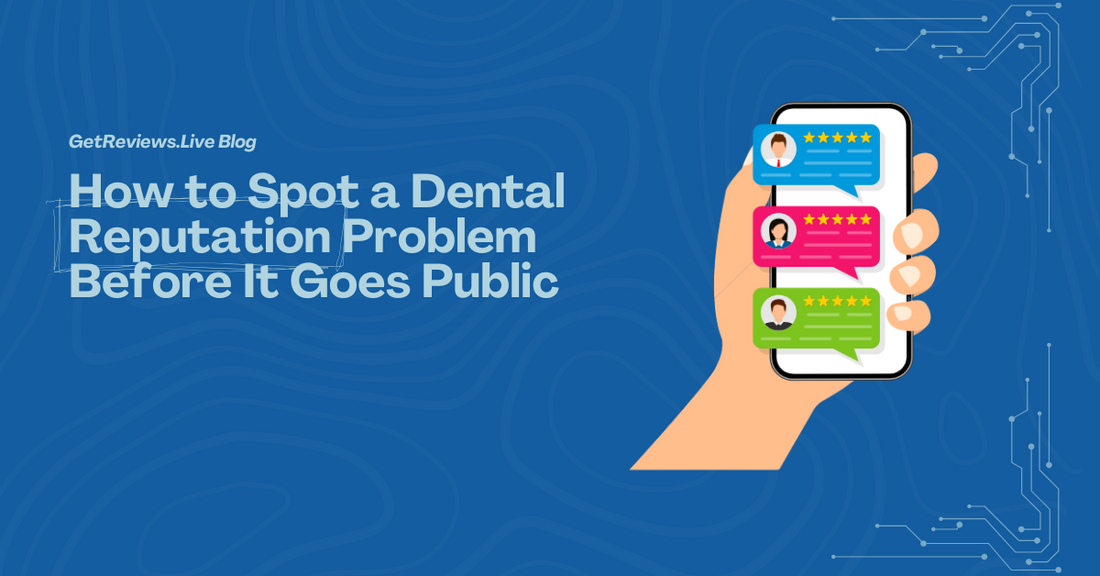 Illustration of a hand holding a phone showing star-rated reviews, used in a GetReviews.Live blog about How to Spot a Dental Reputation Problem Before It Goes Public