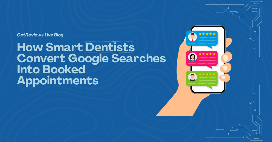 Illustration of a hand holding a phone showing star-rated reviews, used in a GetReviews.Live blog about Where Most Dentists Lose Trust Online Without Realizing It