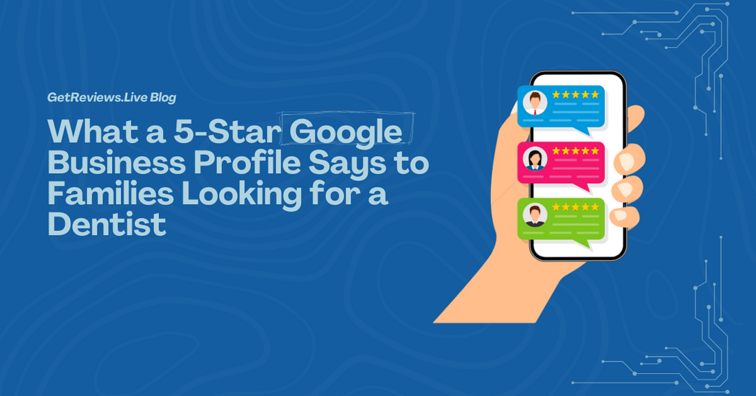 Illustration of a hand holding a phone showing star-rated reviews, used in a GetReviews.Live blog about What a 5-Star Google Business Profile Says to Families Looking for a Dentist