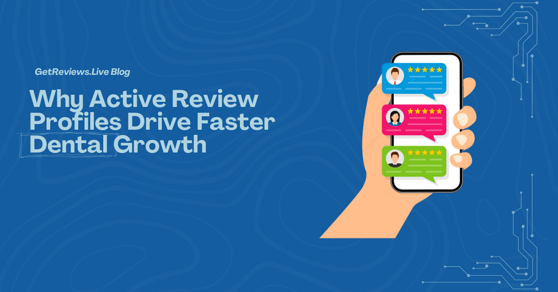 Illustration of a hand holding a phone showing star-rated reviews, used in a GetReviews.Live blog about Why Active Review Profiles Drive Faster Dental Growth