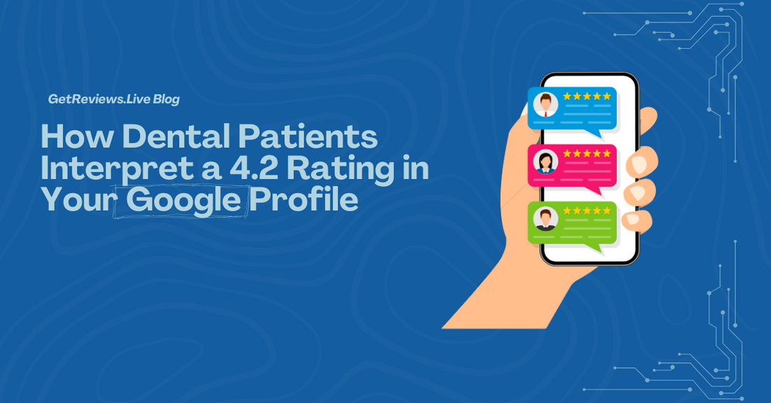 Illustration of a hand holding a phone showing star-rated reviews, used in a GetReviews.Live blog about How Dental Patients Interpret a 4.2 Rating in Your Google Profile
