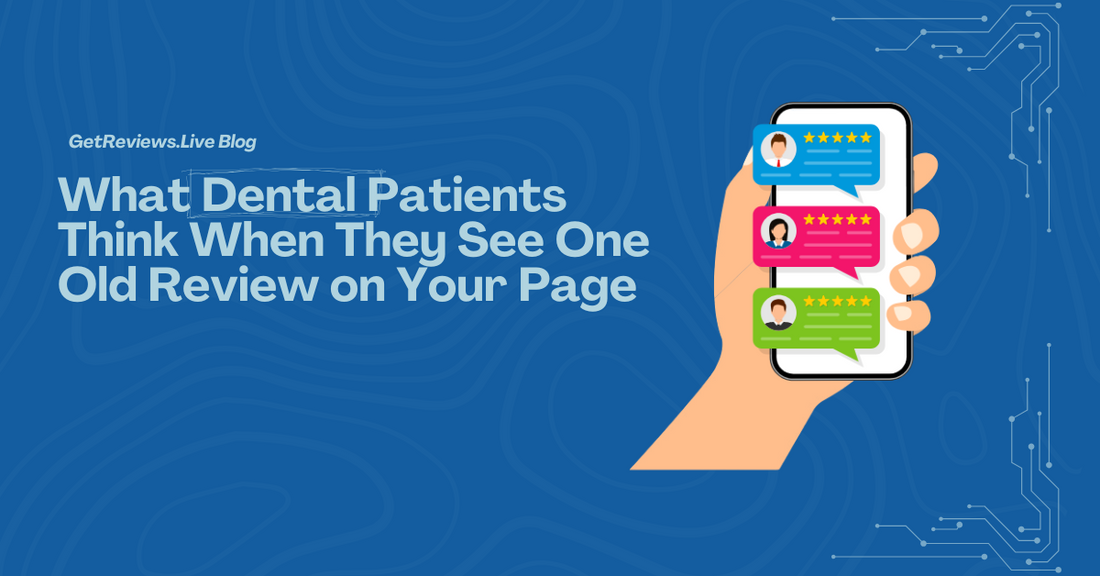 Illustration of a hand holding a phone showing star-rated reviews, used in a GetReviews.Live blog about What Patients Think When They See One Old Review on Your Page