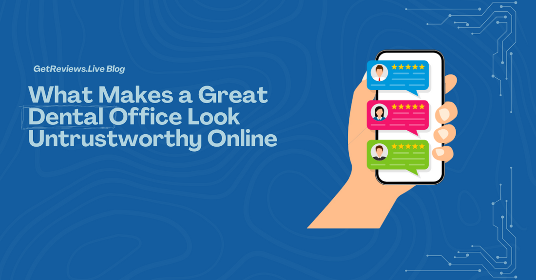 Illustration of a hand holding a phone showing star-rated reviews, used in a GetReviews.Live blog about What Makes a Great Dental Office Look Untrustworthy Online