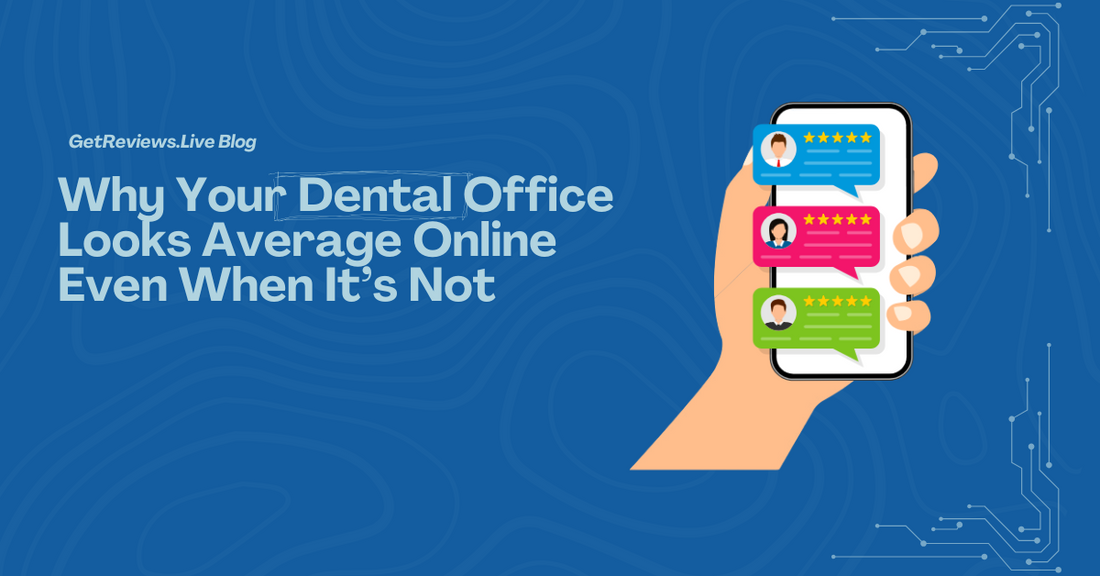 Illustration of a hand holding a phone showing star-rated reviews, used in a GetReviews.Live blog about Why Your Dental Office Looks Average Online Even When It’s Not