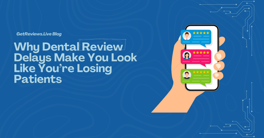 Illustration of a hand holding a phone showing star-rated reviews, used in a GetReviews.Live blog about Why Dental Review Delays Make You Look Like You’re Losing Patients