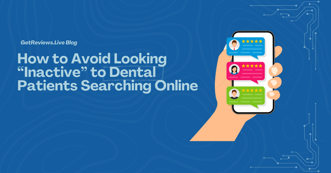 Illustration of a hand holding a phone showing star-rated reviews, used in a GetReviews.Live blog about How to Avoid Looking “Inactive” to Dental Patients Searching Online