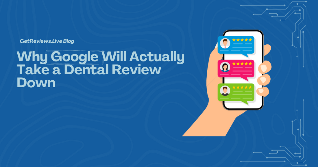 Illustration of a hand holding a phone showing star-rated reviews, used in a GetReviews.Live blog about Why Google Will Actually Take a Dental Review Down