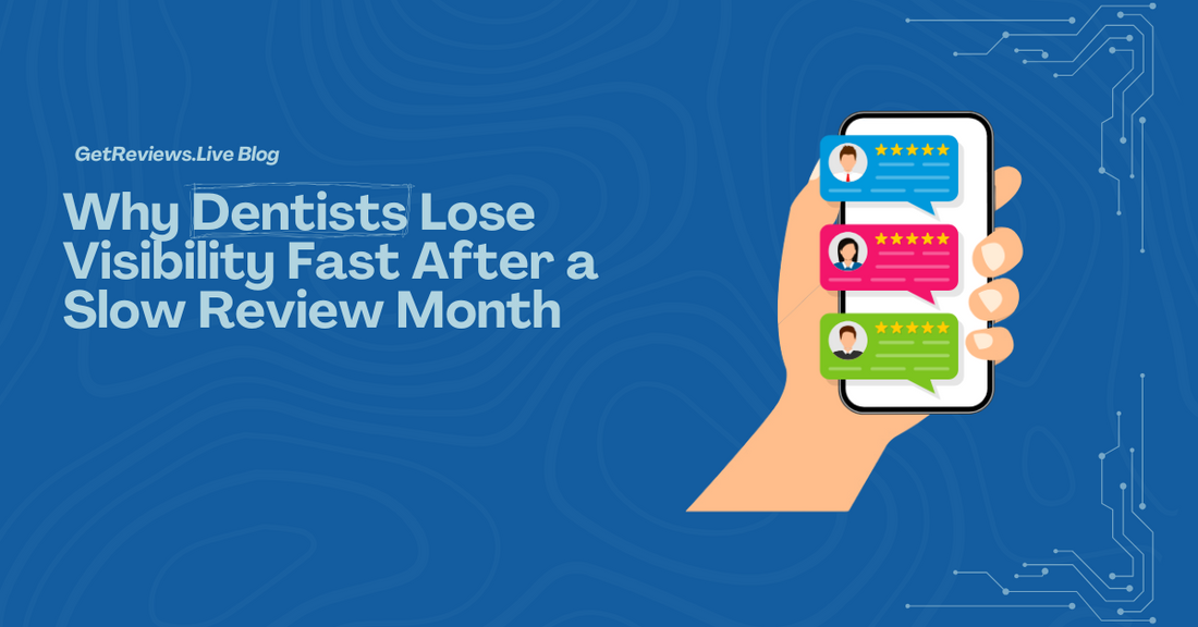 Illustration of a hand holding a phone showing star-rated reviews, used in a GetReviews.Live blog about Why Dentists Lose Visibility Fast After a Slow Review Month