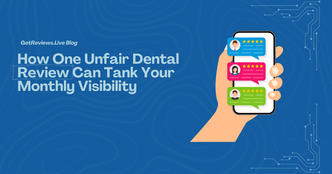 Illustration of a hand holding a phone showing star-rated reviews, used in a GetReviews.Live blog about How One Unfair Dental Review Can Tank Your Monthly Visibility