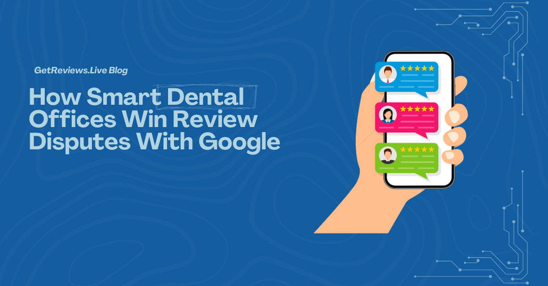 Illustration of a hand holding a phone showing star-rated reviews, used in a GetReviews.Live blog about How Smart Dental Offices Win Review Disputes With Google