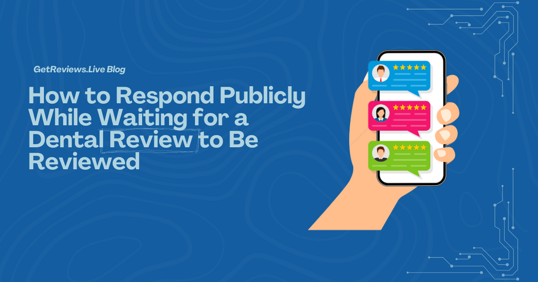 Illustration of a hand holding a phone showing star-rated reviews, used in a GetReviews.Live blog about How to Respond Publicly While Waiting for a Dental Review to Be Reviewed