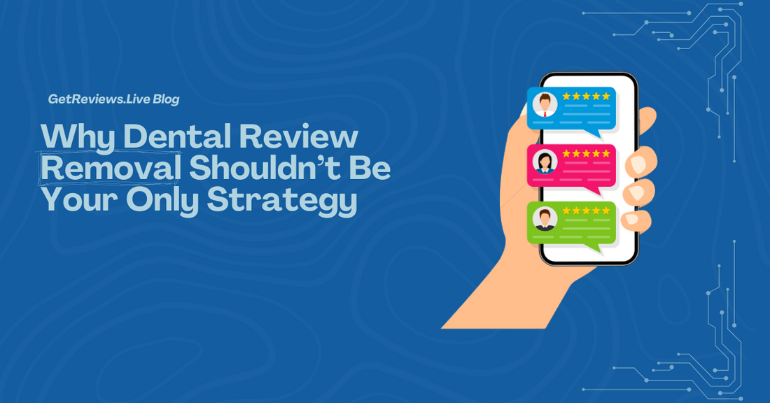 Illustration of a hand holding a phone showing star-rated reviews, used in a GetReviews.Live blog about Why Dental Review Removal Shouldn’t Be Your Only Strategy