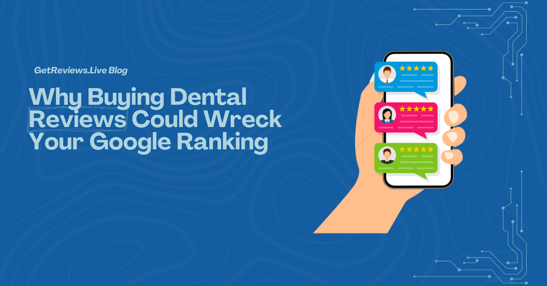 Illustration of a hand holding a phone showing star-rated reviews, used in a GetReviews.Live blog about Why Buying Dental Reviews Could Wreck Your Google Ranking