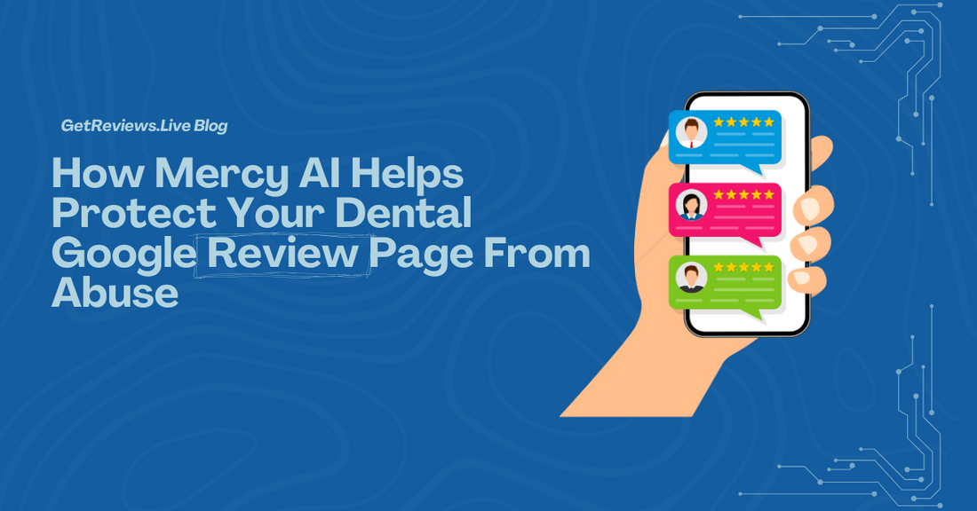 Illustration of a hand holding a phone showing star-rated reviews, used in a GetReviews.Live blog about How Mercy AI Helps Protect Your Dental Google Review Page From Abuse