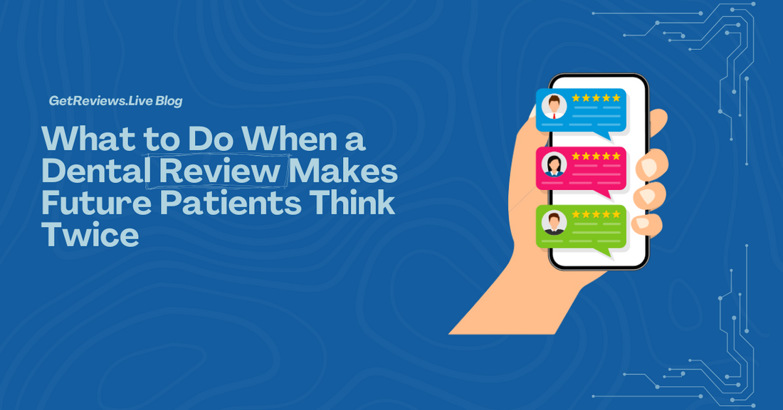 Illustration of a hand holding a phone showing star-rated reviews, used in a GetReviews.Live blog about What to Do When a Dental Review Makes Future Patients Think Twice