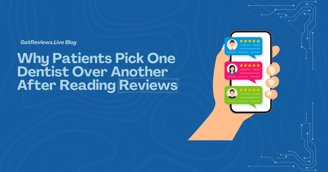 Illustration of a hand holding a phone showing star-rated reviews, used in a GetReviews.Live blog about Why Patients Pick One Dentist Over Another After Reading Reviews