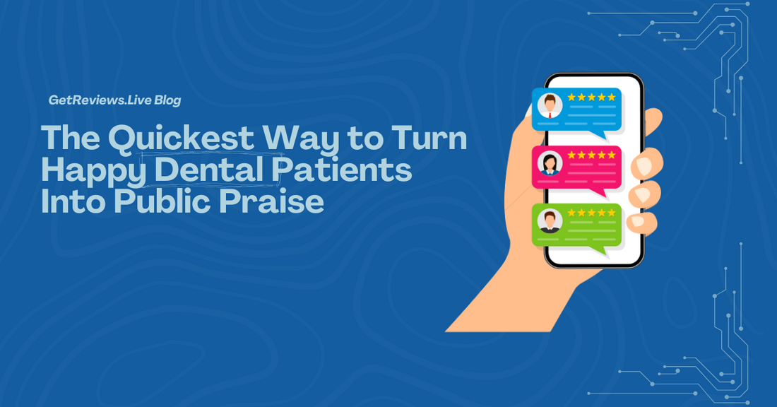 Illustration of a hand holding a phone showing star-rated reviews, used in a GetReviews.Live blog about The Quickest Way to Turn Happy Dental Patients Into Public Praise