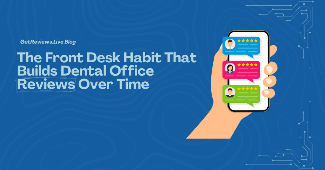 Illustration of a hand holding a phone showing star-rated reviews, used in a GetReviews.Live blog about The Front Desk Habit That Builds Dental Office Reviews Over Time