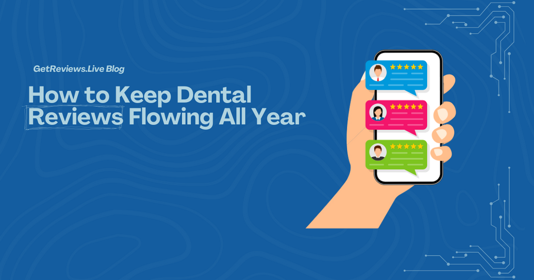 Illustration of a hand holding a phone showing star-rated reviews, used in a GetReviews.Live blog about How to Keep Dental Reviews Flowing All Year
