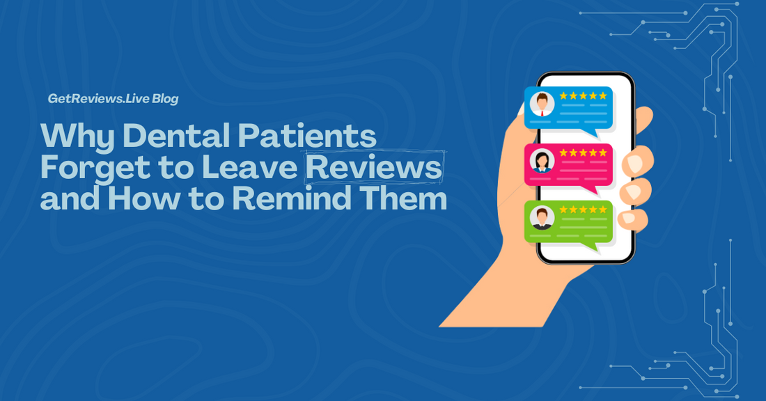 Illustration of a hand holding a phone showing star-rated reviews, used in a GetReviews.Live blog about Why Dental Patients Forget to Leave Reviews and How to Remind Them